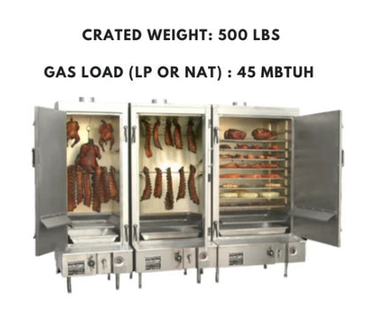 Commercial Chinese smokehouse with a 24″ wide galvanized build, right hinge door, and natural gas-powered operation for efficient smoking.