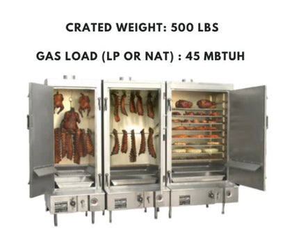 Commercial Chinese smokehouse with a 24″ wide stainless steel build, right hinge door, and LP gas-powered operation for efficient smoking.