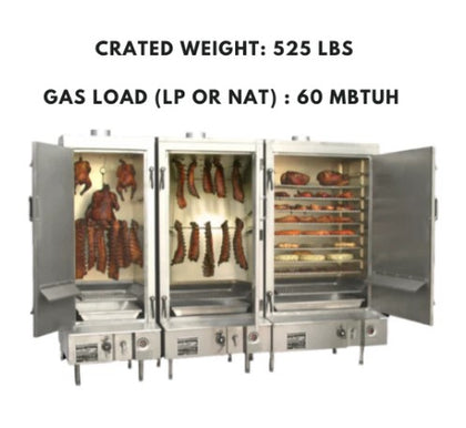 Commercial Chinese smokehouse, 30″ wide galvanized build, left hinge door, and LP gas-powered for efficient smoking.