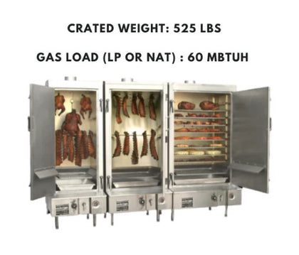 Commercial Chinese smokehouse, 30″ wide galvanized build, left hinge door, and natural gas-powered for efficient smoking.