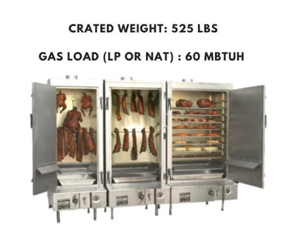 Commercial Chinese smokehouse, 30″ wide stainless steel build, left hinge door, and LP gas-powered for efficient smoking.