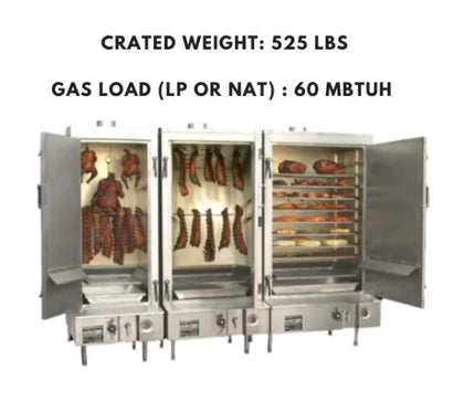 Commercial Chinese smokehouse, 30″ wide stainless steel build, left hinge door, and natural gas-powered for efficient smoking.