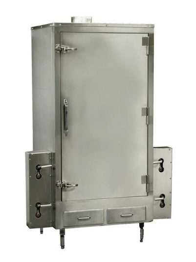Commercial Pig & Duck Roaster made of stainless steel, featuring natural gas operation and a left-hinged door, designed for efficient roasting.