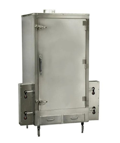 Stainless steel commercial pig and duck roaster with natural gas, right-hinged door for easy access.
