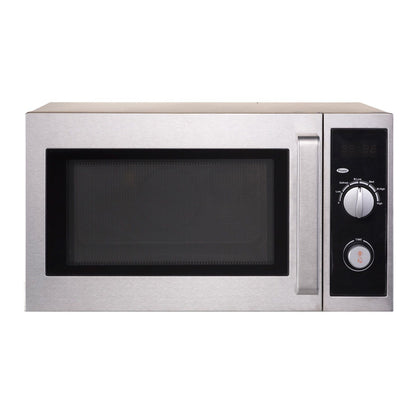 Commercial microwave oven with 1000W power and 0.9 cu. ft. capacity, dial controls, and stainless steel body; perfect for fast cooking and reheating in restaurants, offices, or kitchens.