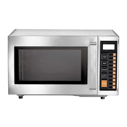 Commercial microwave oven with 1000W power, 0.9 cu. ft. capacity, touch control panel, stainless steel interior and exterior; perfect for fast cooking and reheating in restaurants and cafés.