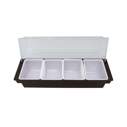 Condiment Holder Plastic 4-Compartment, durable plastic organizer for sauces, napkins, and condiments. Easy to clean, ideal for restaurants, cafeterias, and catering. Case packed: 6, Quantity break: 6 each.