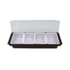 Condiment Holder Plastic 4-Compartment, durable plastic organizer for sauces, napkins, and condiments. Easy to clean, ideal for restaurants, cafeterias, and catering. Case packed: 6, Quantity break: 6 each.