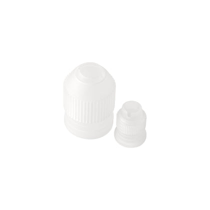 2-piece polypropylene coupler set for decorating tips; allows easy tip changes without emptying the bag. Durable, lightweight, and food-safe; fits standard piping bags and tips for all decorating needs.