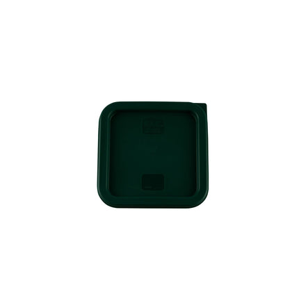 Square green cover fits 2QT and 4QT food storage containers; tight sealing, stackable, easy to clean, durable and commercial quality; packed 12 per pack for kitchen food freshness.