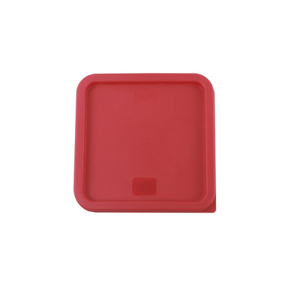 Square red cover for 6QT and 8QT food storage containers; tight seal to maintain freshness, stackable design, lightweight and durable; packed 12 per pack; ideal for commercial kitchen storage.