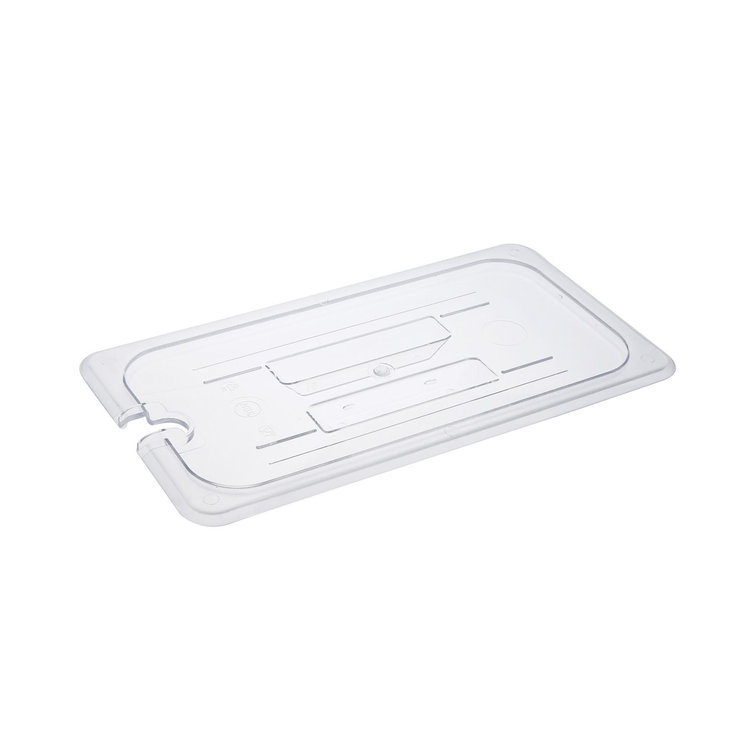 Durable polycarbonate notched cover for 1/3 size food pan, clear, break-resistant, utensil access, easy to clean, ideal for commercial kitchens, packed 72 each per case for efficient use.