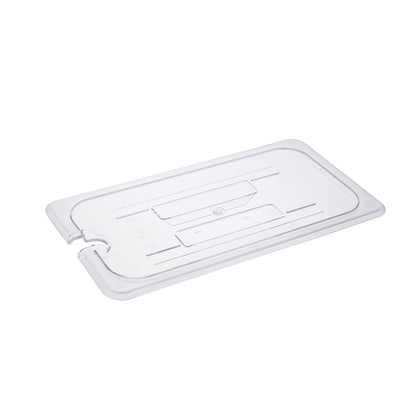 Durable polycarbonate notched cover for 1/3 size food pan, clear, break-resistant, utensil access, easy to clean, ideal for commercial kitchens, packed 72 each per case for efficient use.