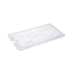 Durable polycarbonate notched cover for 1/3 size food pan, clear, break-resistant, utensil access, easy to clean, ideal for commercial kitchens, packed 72 each per case for efficient use.