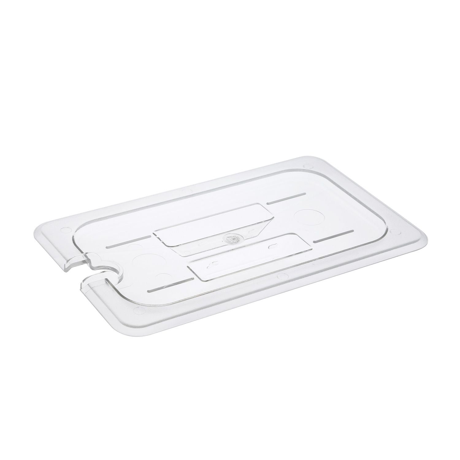 Clear polycarbonate notched cover for 1/4 size food pan, durable, break-resistant, commercial-grade, utensil access, easy to clean, packed 72 each per case for efficient kitchen operations.
