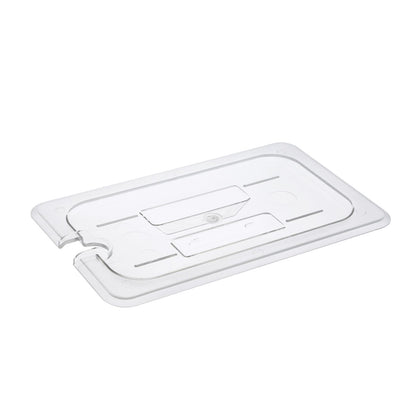 Clear polycarbonate notched cover for 1/4 size food pan, durable, break-resistant, commercial-grade, utensil access, easy to clean, packed 72 each per case for efficient kitchen operations.