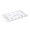 Clear polycarbonate notched cover for 1/4 size food pan, durable, break-resistant, commercial-grade, utensil access, easy to clean, packed 72 each per case for efficient kitchen operations.