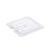 Durable polycarbonate notched cover for 1/6 size food pan, break-resistant, utensil access, easy to clean, clear for visibility, packed 72 each per case for commercial kitchen use.