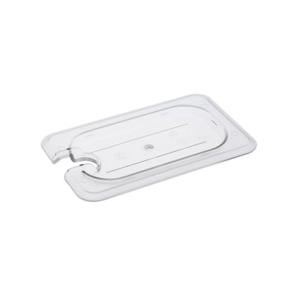 Durable clear polycarbonate notched cover for 1/9 size food pan, break-resistant, easy to clean, commercial use, utensil access, fast ID, packed 72 each per case for kitchen efficiency.