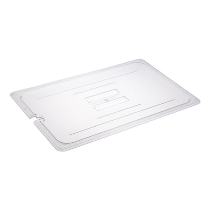 Durable polycarbonate notched cover for full size food pans, packed by 24 each per case. Break-resistant, stain-resistant, perfect for utensil access in buffets, catering, and foodservice kitchens.