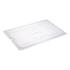 Durable polycarbonate notched cover for full size food pans, packed by 24 each per case. Break-resistant, stain-resistant, perfect for utensil access in buffets, catering, and foodservice kitchens.