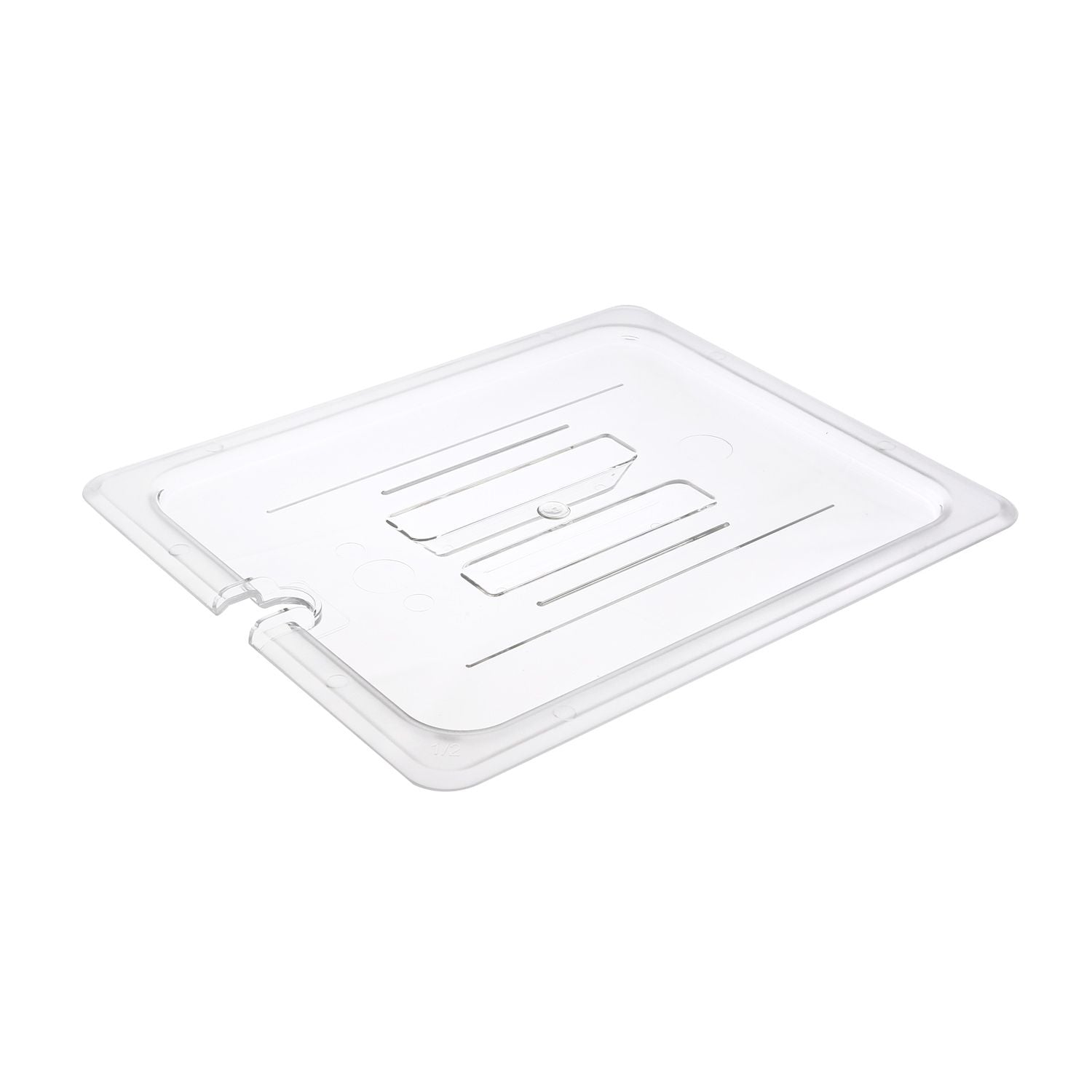 Durable polycarbonate cover for half size food pans with notched design, packed by 48 each per case. Break-resistant and stain-resistant, perfect for utensil access in buffet and commercial kitchens.