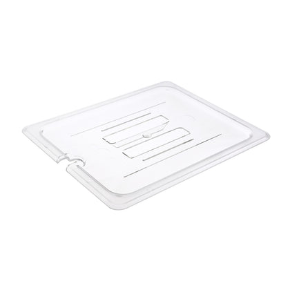 Durable polycarbonate cover for half size food pans with notched design, packed by 48 each per case. Break-resistant and stain-resistant, perfect for utensil access in buffet and commercial kitchens.