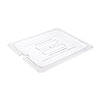 Durable polycarbonate cover for half size food pans with notched design, packed by 48 each per case. Break-resistant and stain-resistant, perfect for utensil access in buffet and commercial kitchens.