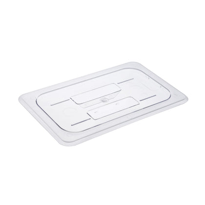 Solid polycarbonate cover for 1/4 size food pan, break-resistant and durable. Ideal for food storage, prep, and buffet use in restaurants and kitchens. Packed by 72 each per case.