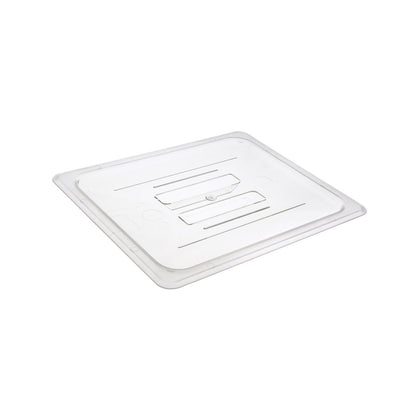 Durable solid polycarbonate cover for half size food pan. Break-resistant and stain-resistant, perfect for buffet, catering, and commercial kitchen food storage. Packed by 48 each per case.