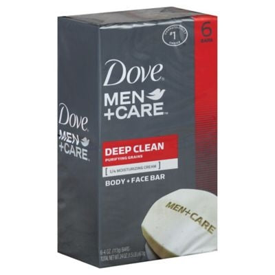 Dove Men+Care Body and Face Bar Deep Clean delivers a refreshing clean with the power of purifying grains and ¼ moisturizing cream to help fight dryness and keep your skin feeling strong and healthy. Designed specifically for men’s skin, this dermatologist-recommended bar rinses clean without feeling greasy. Ideal for daily use on both the face and body, it provides deep cleansing while locking in moisture and protecting against tightness.