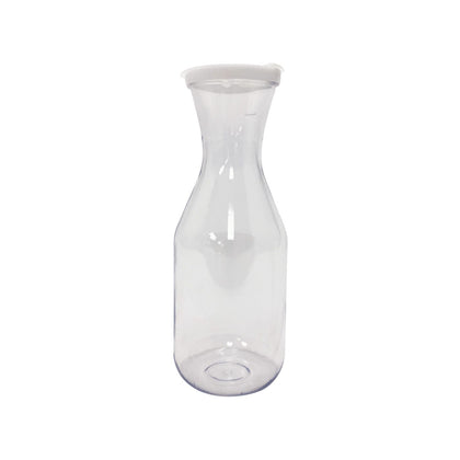 Decanter beverage plastic with cover clear 1QT. Lightweight, durable, and shatter-resistant. Ideal for serving water or juice in restaurants, catering events, and hotel room service.