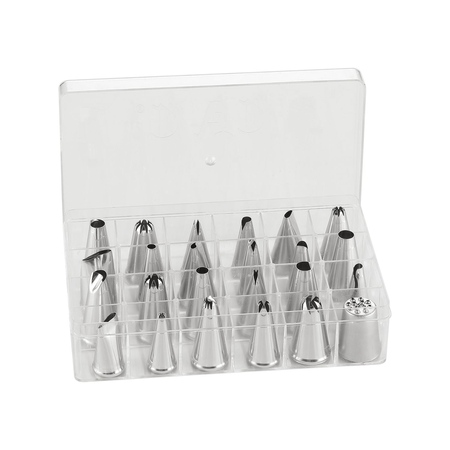 24-piece stainless steel decorating tip set with assorted styles for cake and pastry decorating. Durable, rust-resistant, easy to clean, perfect for bakers and cake artists of all levels.