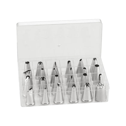 24-piece stainless steel decorating tip set with assorted styles for cake and pastry decorating. Durable, rust-resistant, easy to clean, perfect for bakers and cake artists of all levels.