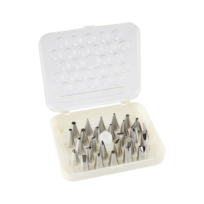 26-piece decorating tip set made of stainless steel with assorted shapes for cake, cupcake, and cookie decorating. Durable, rust-resistant, easy to clean; ideal for home and commercial baking use.