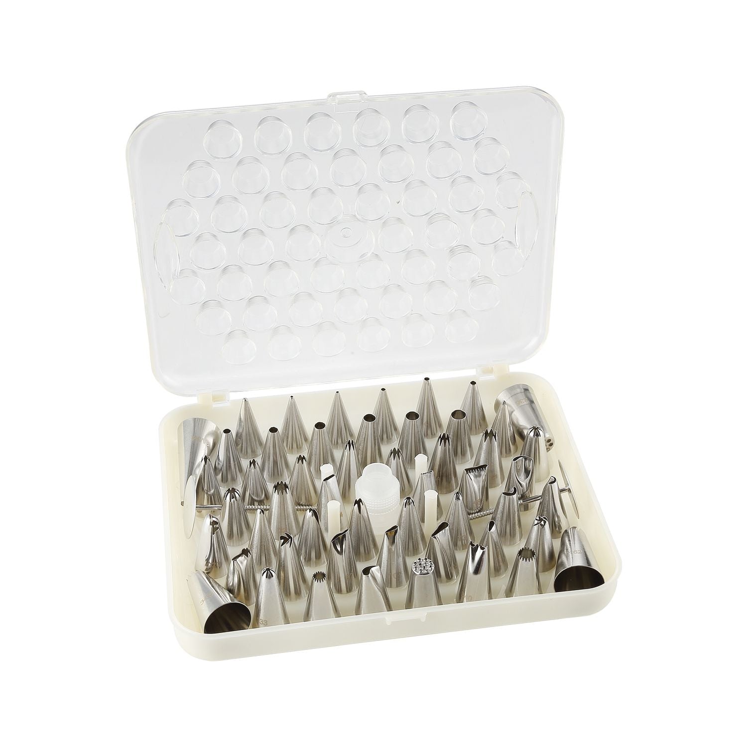 52-piece decorating tip set with assorted stainless steel tips for cake and pastry decorating. Durable, rust-resistant, easy to clean, perfect for detailed piping in home or professional kitchens.