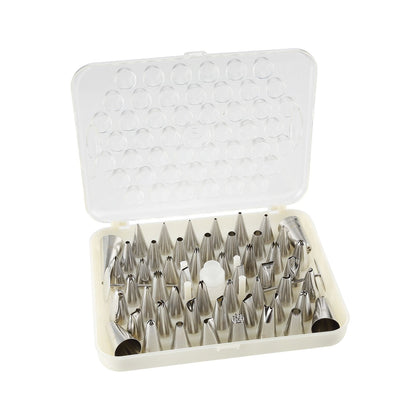 52-piece decorating tip set with assorted stainless steel tips for cake and pastry decorating. Durable, rust-resistant, easy to clean, perfect for detailed piping in home or professional kitchens.