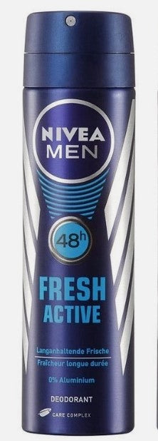 Nivea Men Fresh Active Deodorant Spray, 150ml can, long-lasting odor protection with a refreshing masculine scent.