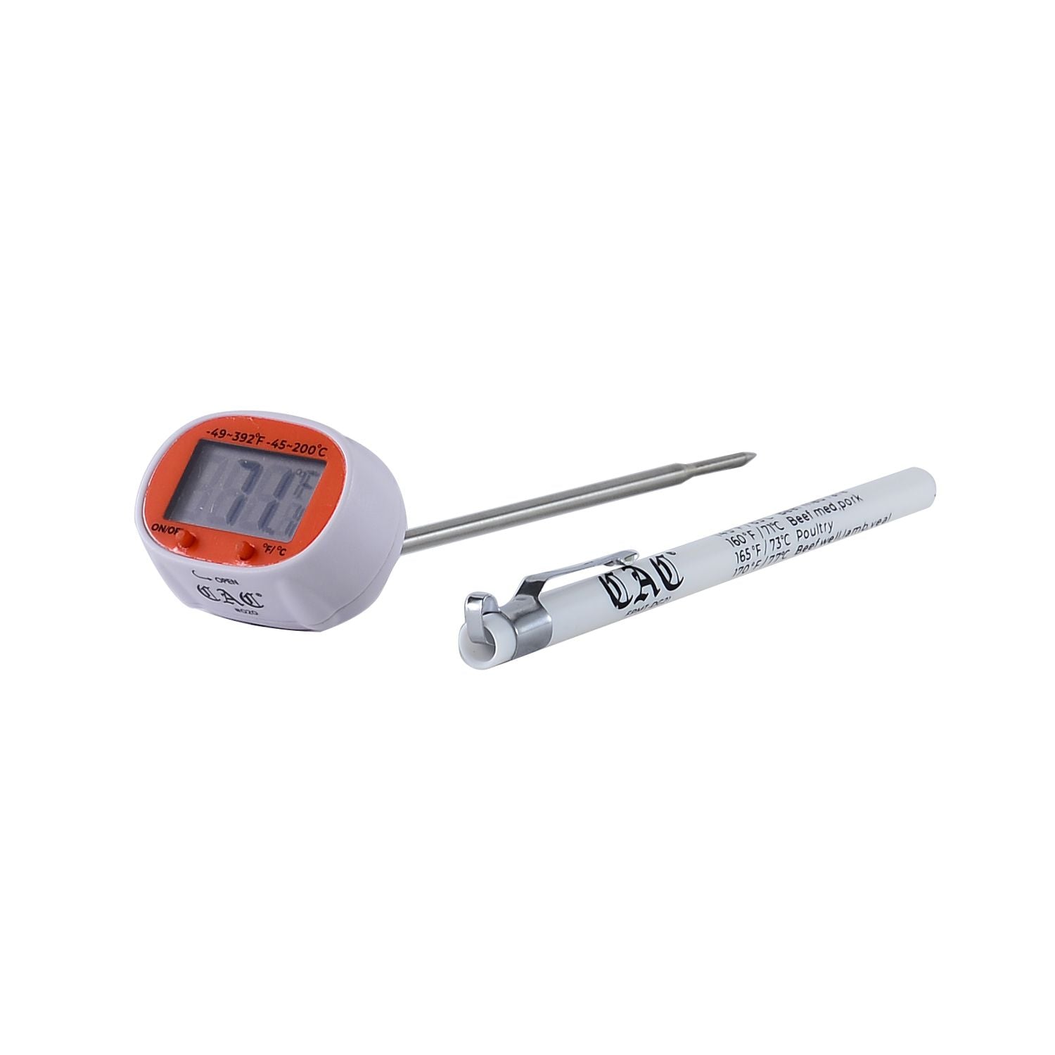 Digital swivel head thermometer with –49 to 392°F / –45 to 200°C range. Features pivoting display, fast readings, and durable design. Packed 72 per case for kitchen and foodservice use.