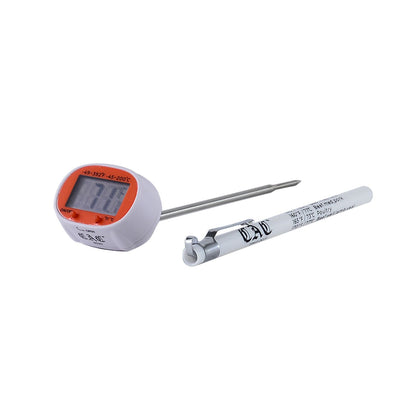 Digital swivel head thermometer with –49 to 392°F / –45 to 200°C range. Features pivoting display, fast readings, and durable design. Packed 72 per case for kitchen and foodservice use.
