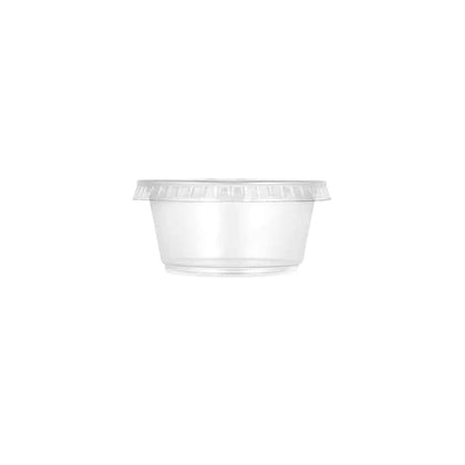 2oz Clear Portion Cups with Lids, durable disposable containers ideal for serving sauces, condiments, dips, or small snacks at events, parties, or food service. Secure, leak-resistant design.
