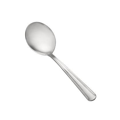 Dominion Bouillon Spoon 18/0 heavy weight, 5-7/8 inches, stainless steel with satin handle. Ideal for soups and stews in restaurant, catering, or elegant home dining environments.
