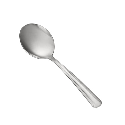 Dominion Bouillon Spoon 18/0 medium weight, 6 inches, durable stainless steel with a smooth, polished finish. Ideal for soups, broths, and bouillon in restaurants, cafes, or home dining.