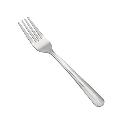 Dominion Dinner Fork 18/0 heavy weight, 7-1/8 inches, stainless steel with satin handle. Ideal for main courses in restaurants, catering events, or elegant home table settings.