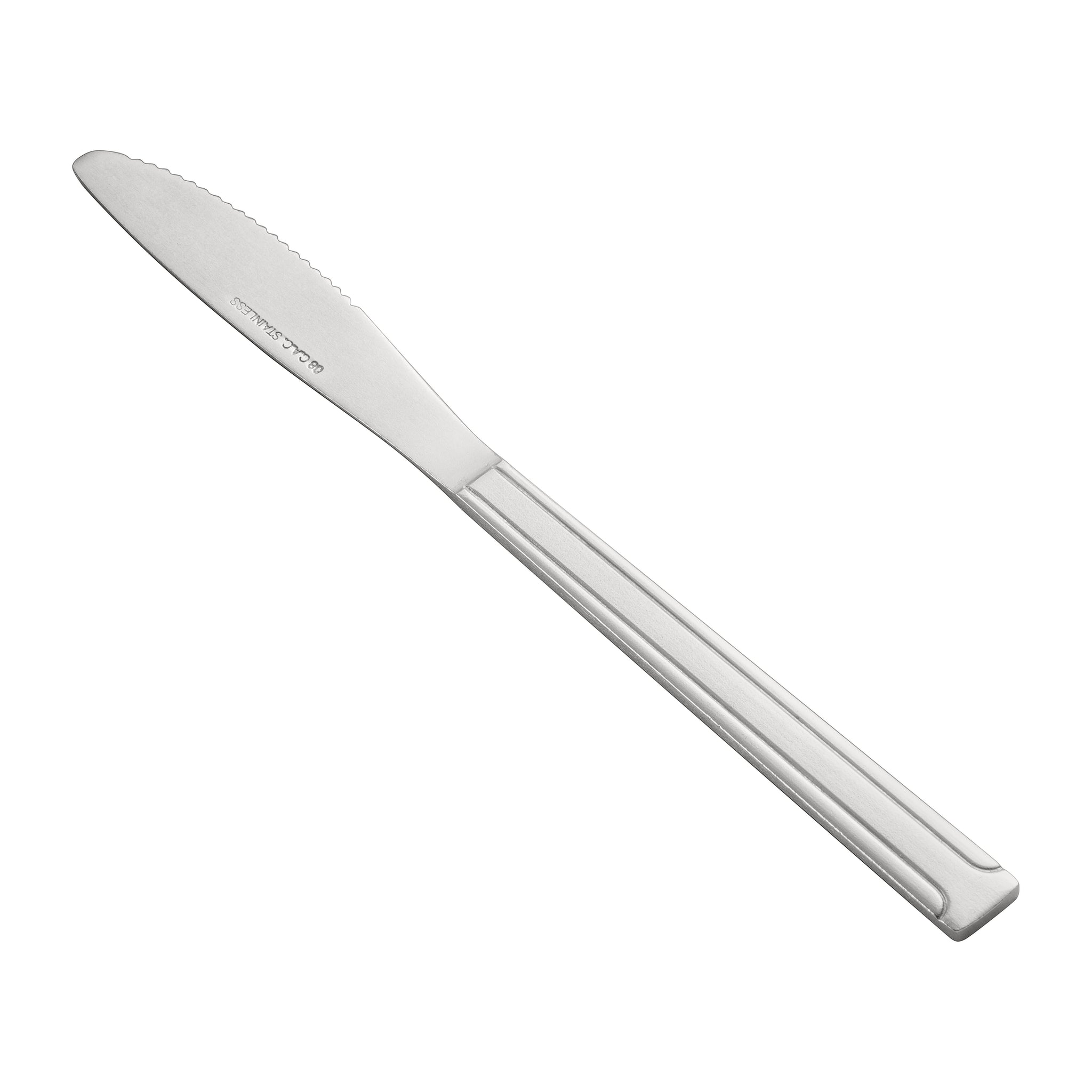 Dominion Dinner Knife 18/0 heavy weight, 7-7/8 inches, stainless steel with satin handle and polished blade. Ideal for main courses in restaurants, catering, or elegant home dining.