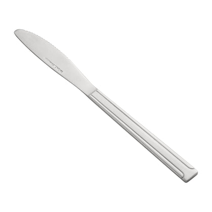 Dominion Dinner Knife 18/0 heavy weight, 7-7/8 inches, stainless steel with satin handle and polished blade. Ideal for main courses in restaurants, catering, or elegant home dining.
