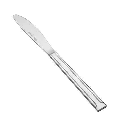 Dominion Dinner Knife 18/0 medium weight, 8 inches, durable stainless steel with a polished finish. Ideal for everyday meals and formal dining in restaurants, cafes, or home settings.