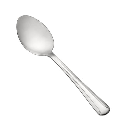 Dominion Tablespoon 18/0 medium weight, 7-5/8 inches, durable stainless steel with a polished finish. Ideal for soups, stews, and main courses in restaurants, cafes, or home dining settings.