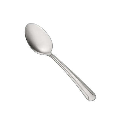 Dominion 18/0 medium weight teaspoon with 5-7/8 inch length, made from durable stainless steel, perfect for daily use in restaurants, cafes, or home dining with a polished, elegant finish.