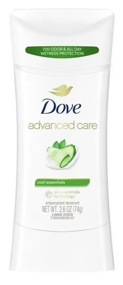 Dove Advanced Care Antiperspirant Deodorant, Cool Essentials Cucumber, 2.6 oz (74 g) stick for 48-hour sweat and odor protection.